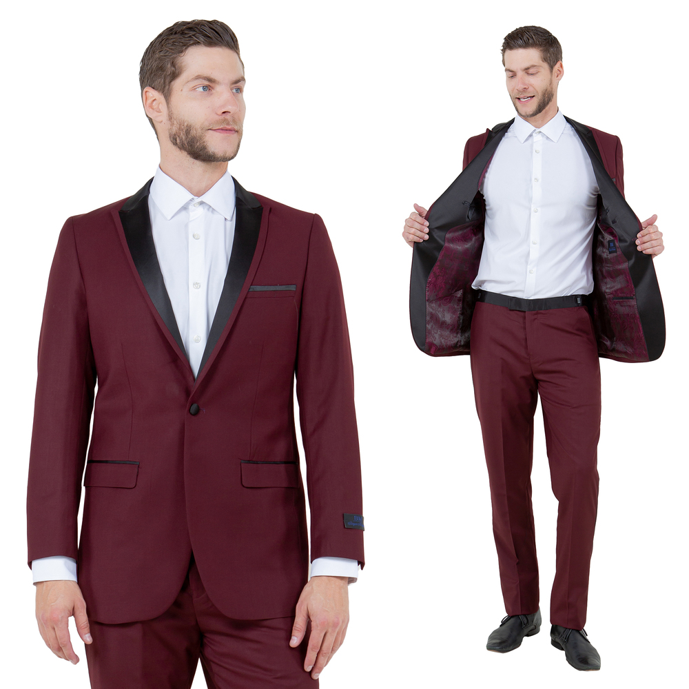 Slim Fit 2pc Tuxedo w/ Satin Peak Lapel by Bryan Michaels, Burgundy